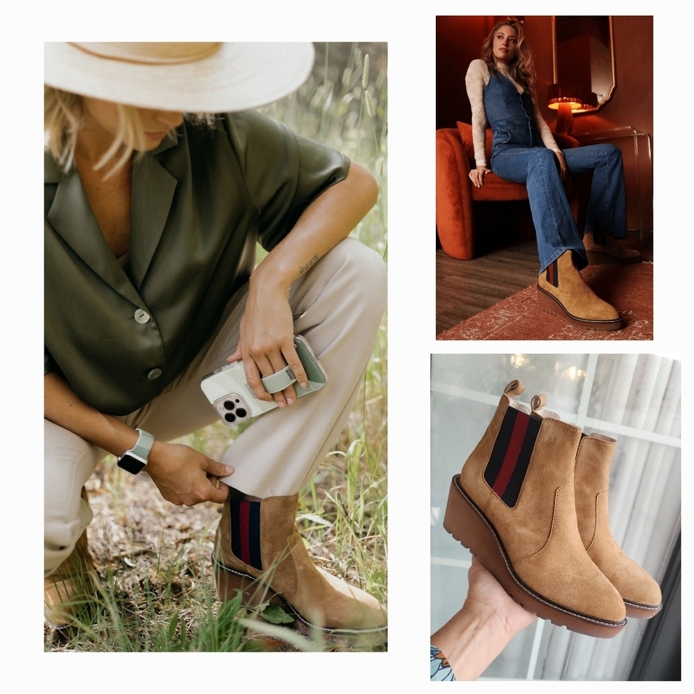 CECELIA NEW YORK Tan Ankle Boots with Black and Red Stripes